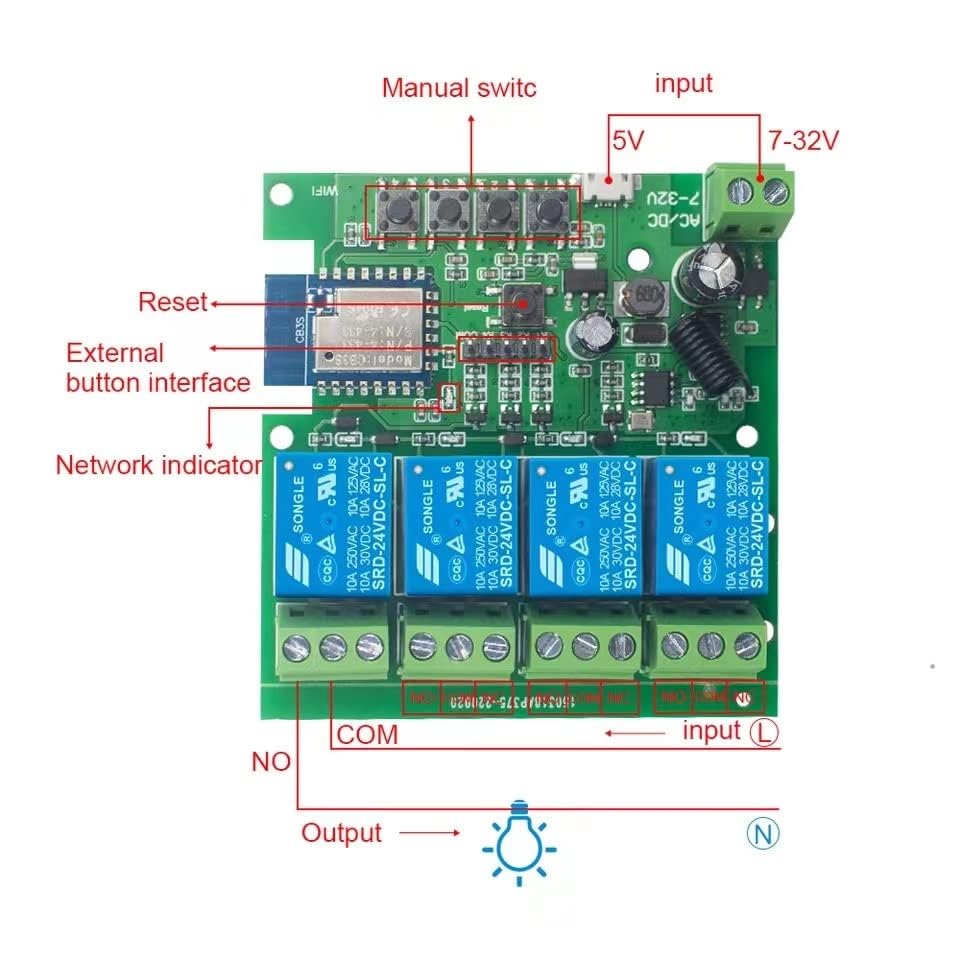 Yitouniu 4 Channel Tuya Smart Life Wifi Momentary Inching Relay Self Locking Switch Module,Dc/Ac 7 32V/Usb 5V Wifi Rf Bluetooth
